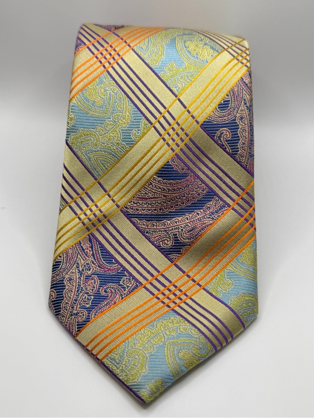 Steven land Multicolor Plaid & Paisley Silk Tie - Yellow, Blue, Purple Accents